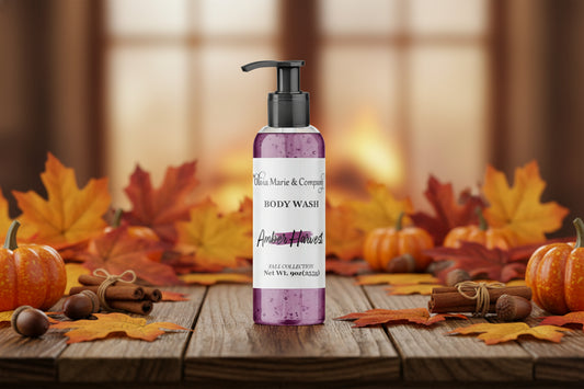Body wash bottle with pump on a marble background