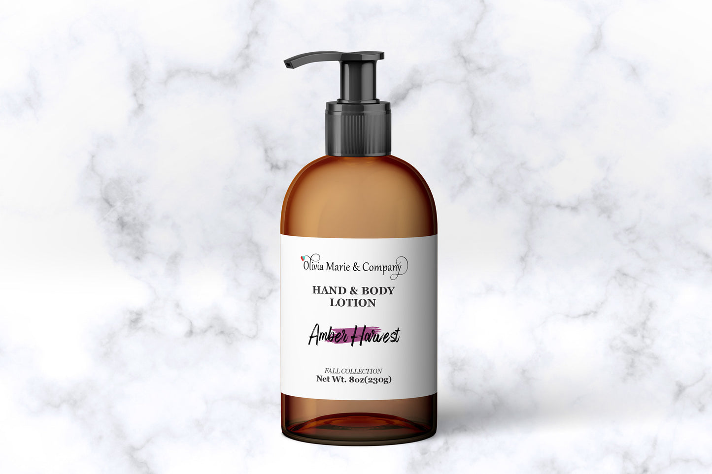 Hand and body lotion bottle with pump on a marble background