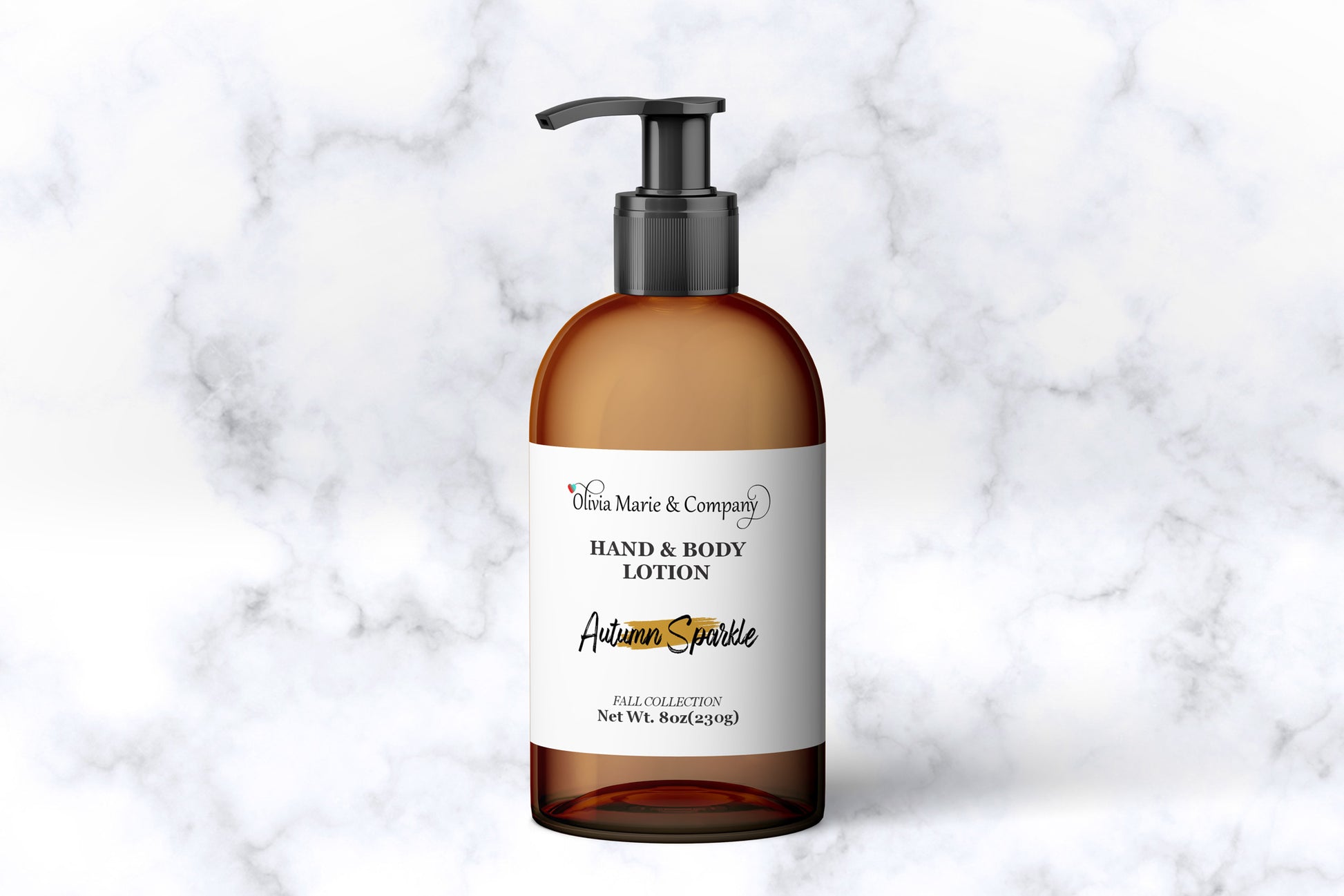 Hand and body lotion bottle labeled 'Autumn Sprinkle' on a marble background