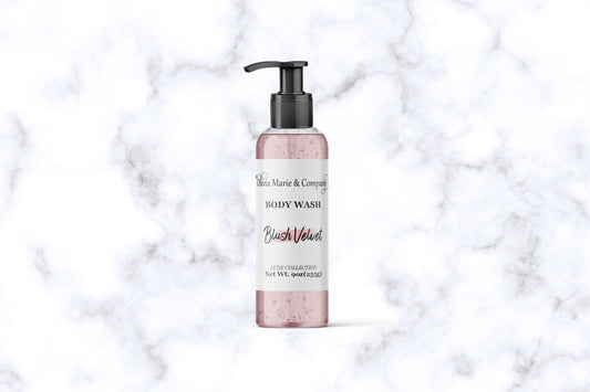 Body wash bottle labeled 'Blush Velvet' on a marble background