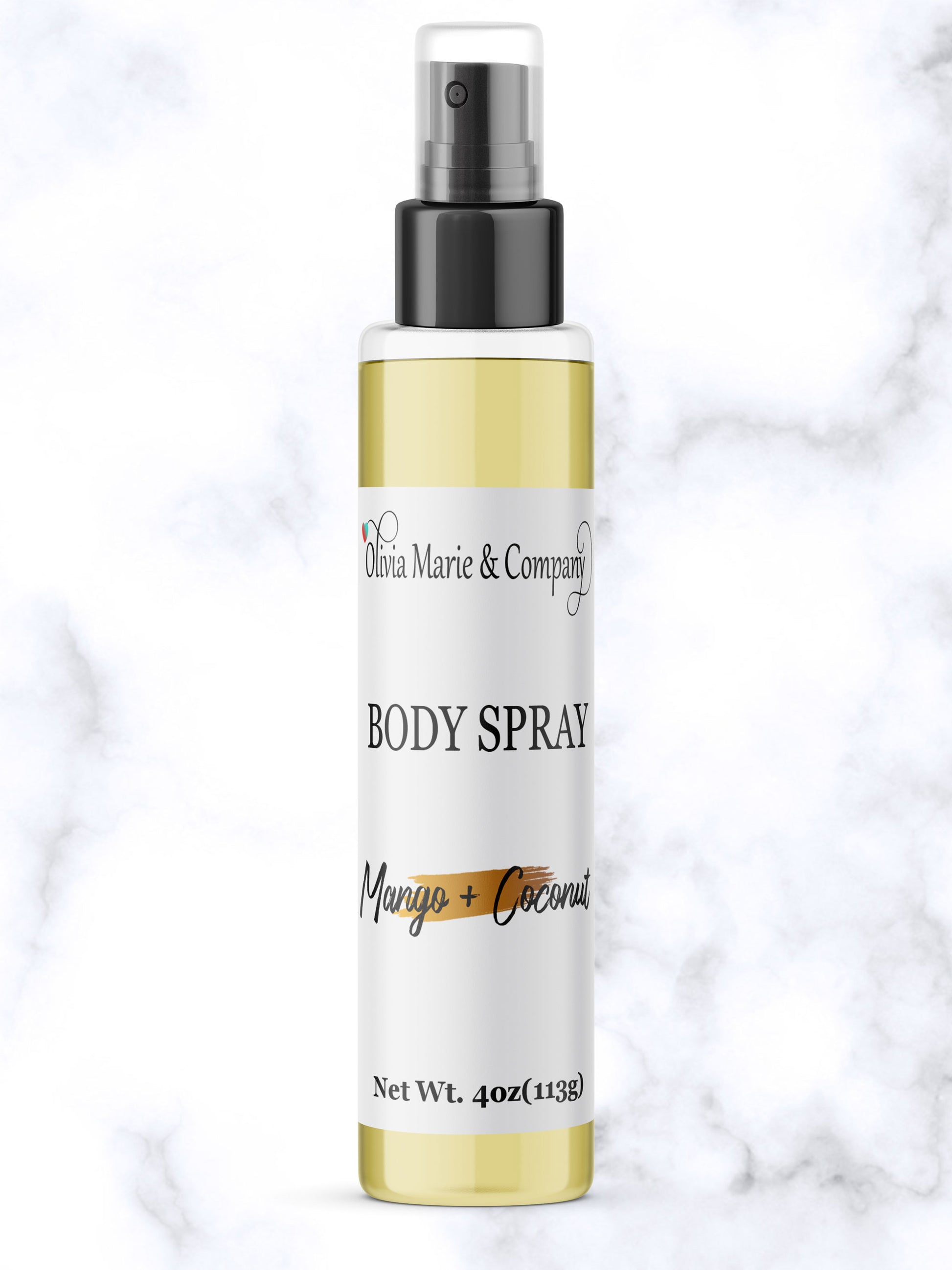 Body spray bottle labeled 'Olivia Marie & Company' on a white background