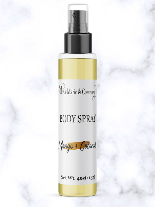 Body spray bottle labeled 'Olivia Marie & Company' on a white background