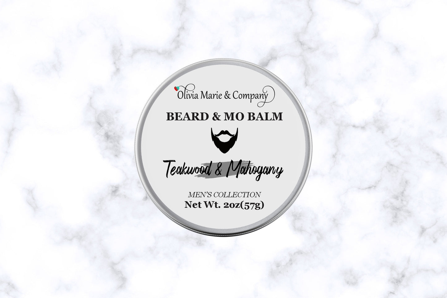 Metal tin with name of beard balm in Teakwood and Mahogany.