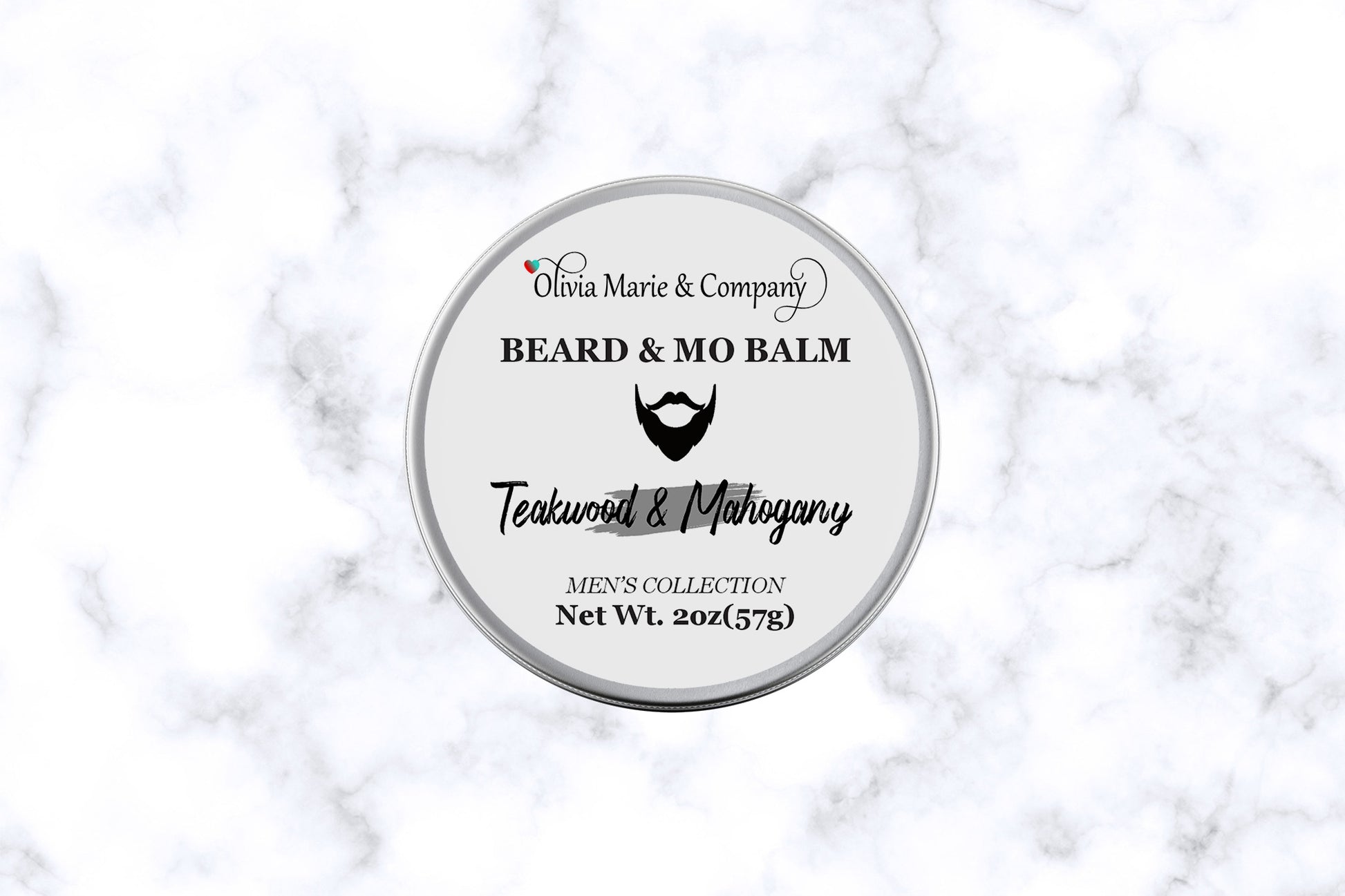 Metal tin with name of beard balm in Teakwood and Mahogany.