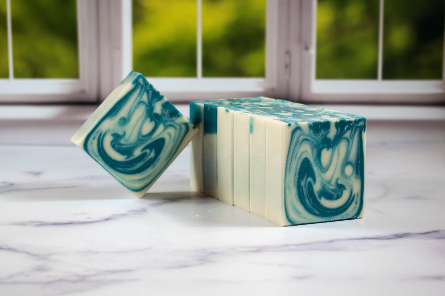 Kadupul flower soap with green and white swirls