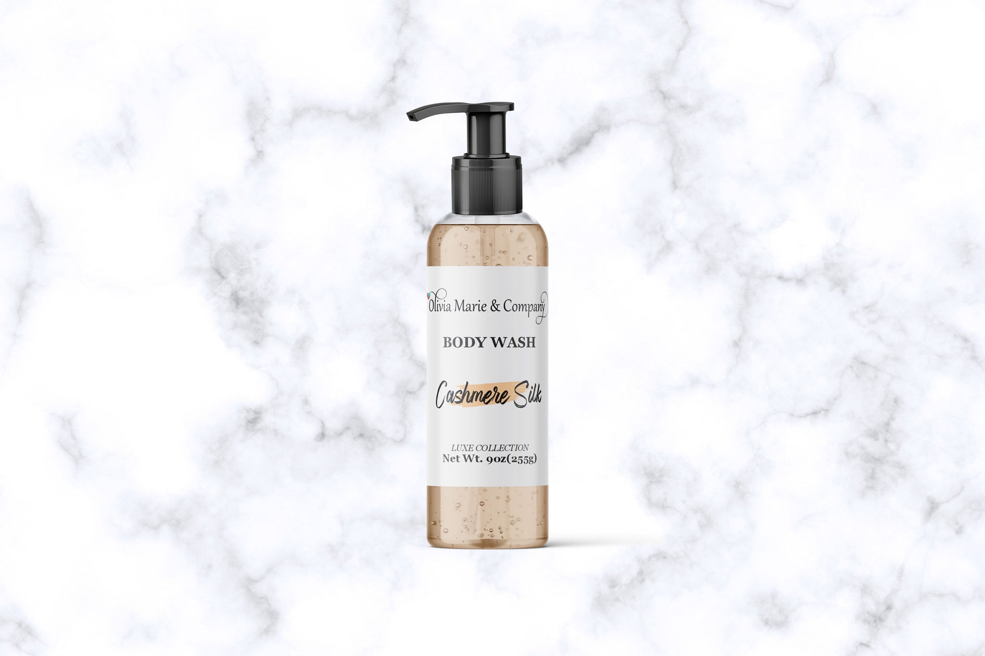 Body wash bottle labeled 'Cashmere Silk' on a marble background