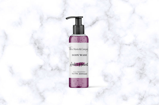 Body wash bottle with pump on a marble background