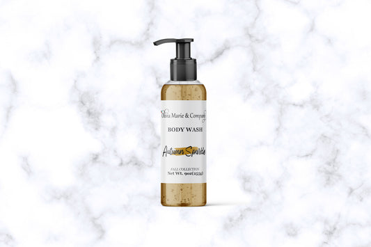 Body wash bottle with pump on a marble background