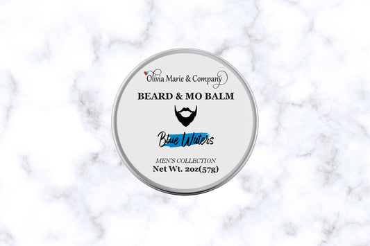 Tin container with beard balm label in Blue Waters