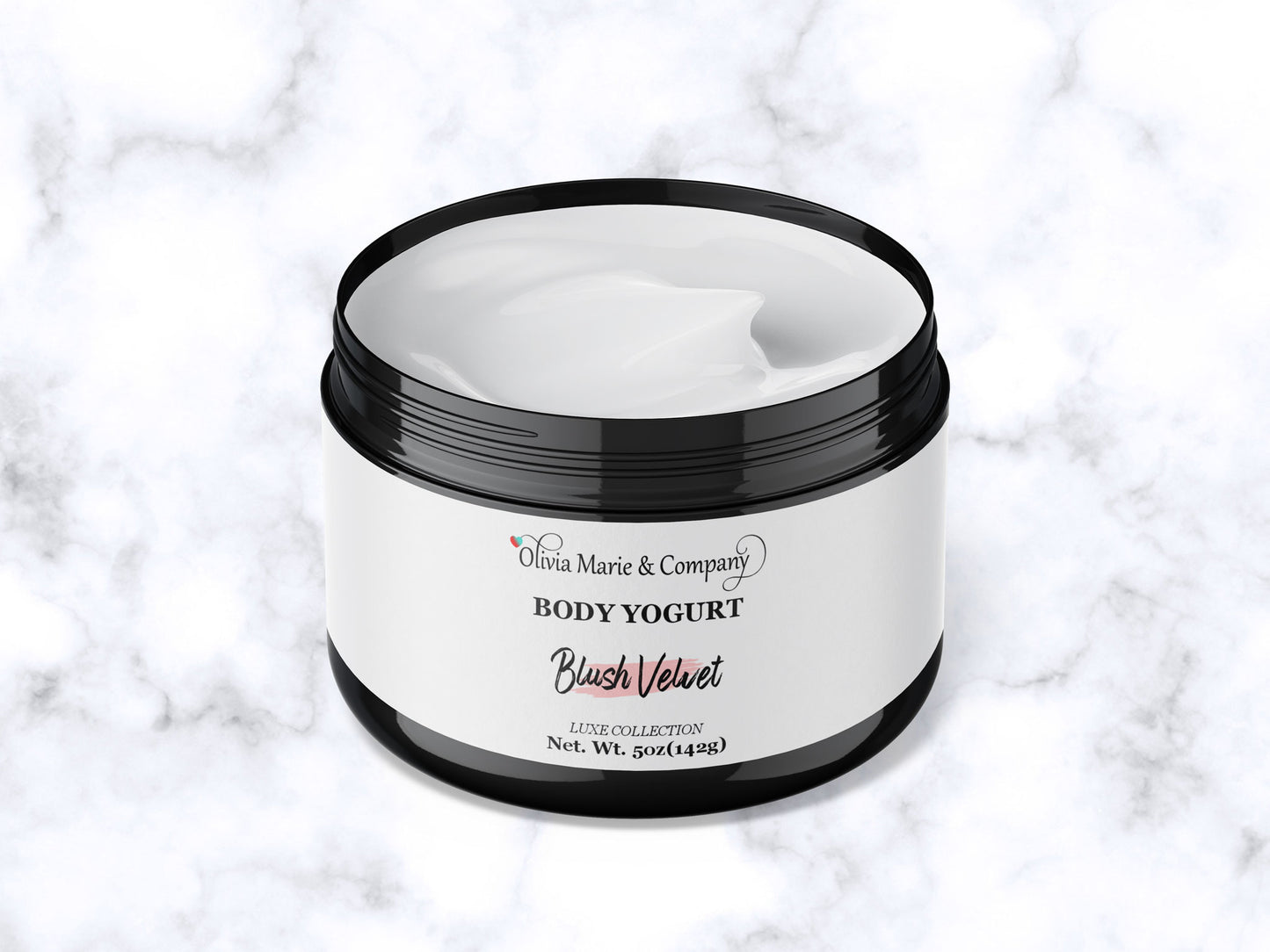 Jar of body yogurt with 'Olivia Marie & Company' branding on a marble background