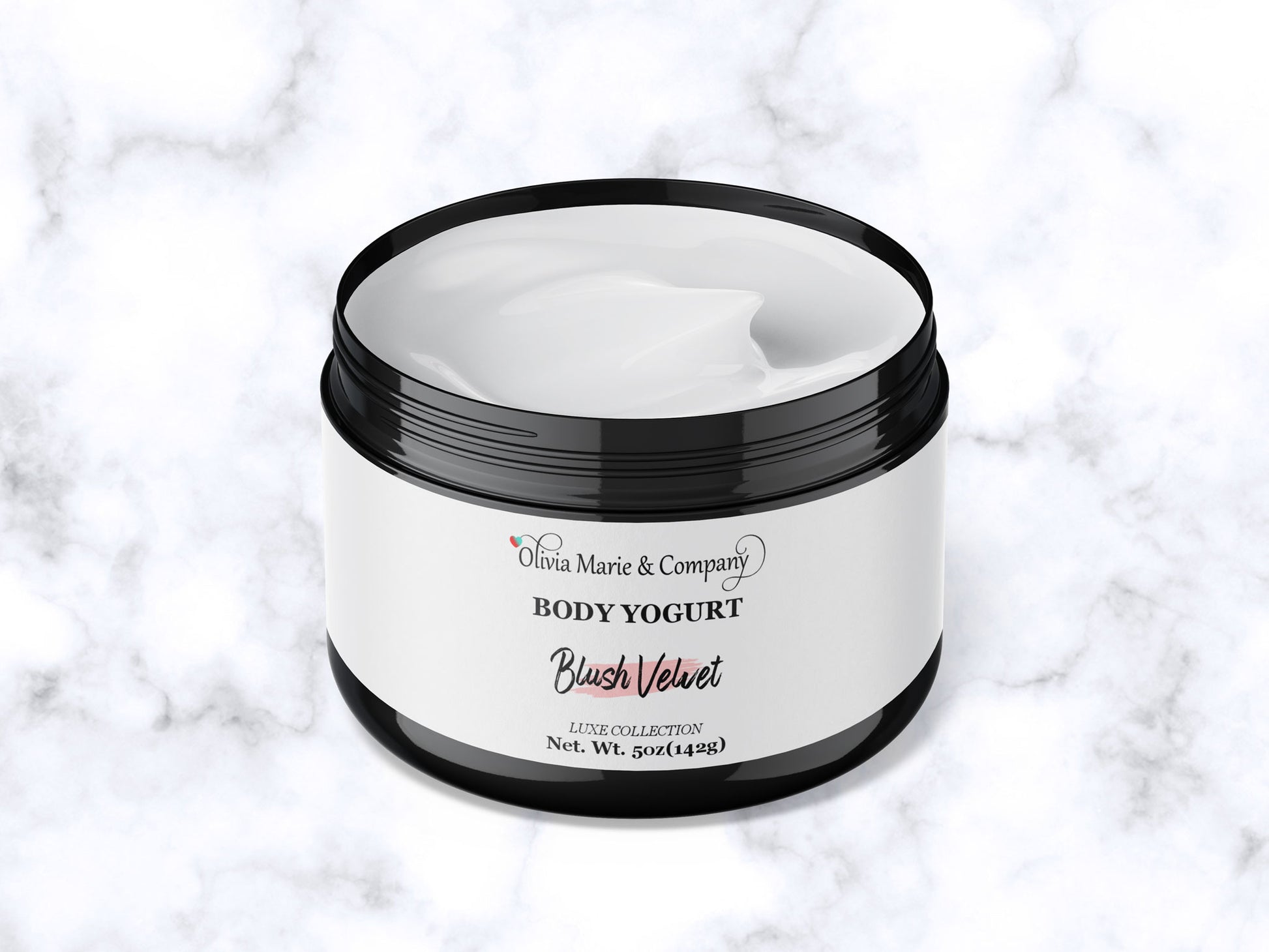 Jar of body yogurt with 'Olivia Marie & Company' branding on a marble background