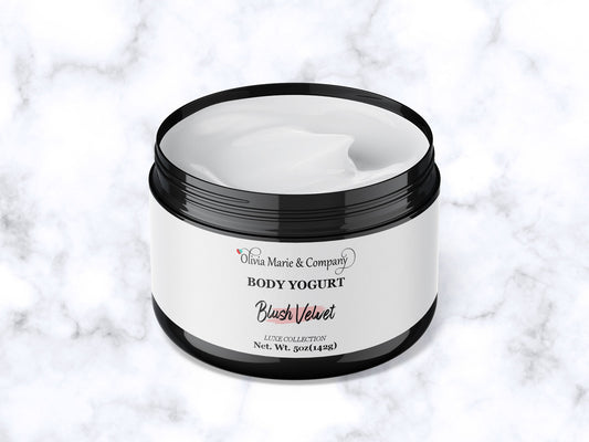 Jar of body yogurt with 'Olivia Marie & Company' branding on a marble background