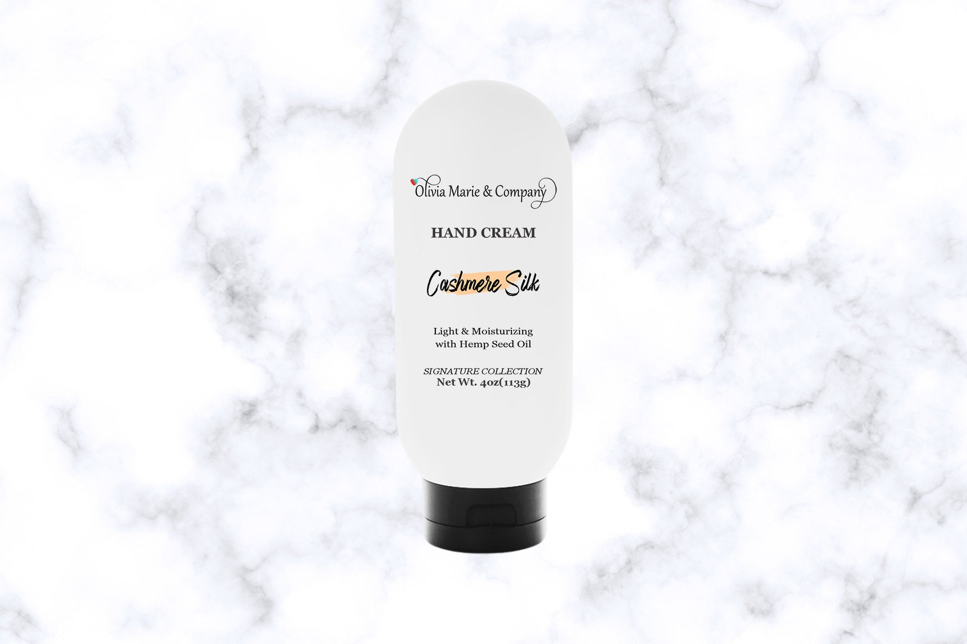 Cashmere silk hand cream in a white squeeze tube with a black cap.