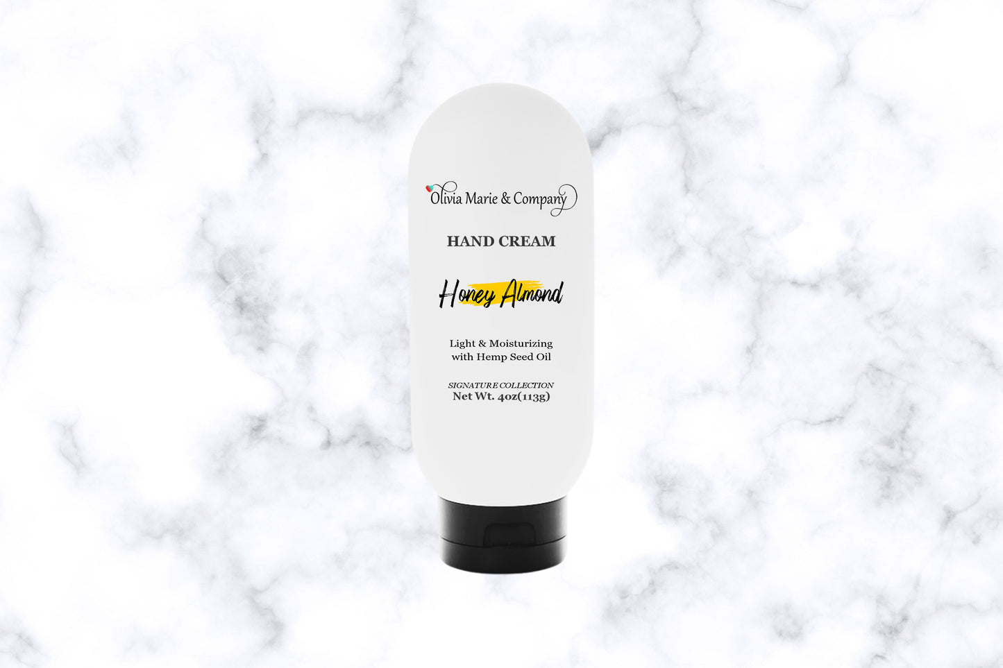 Honey Almond hand cream in a white squeeze tube with a black cap.