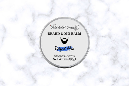 Tin container with beard balm label for Perfect Man.