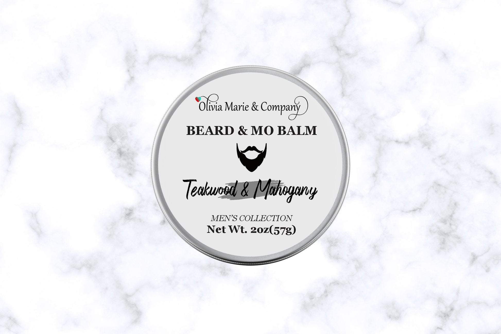Metal tin with name of beard balm in Teakwood and Mahogany. 