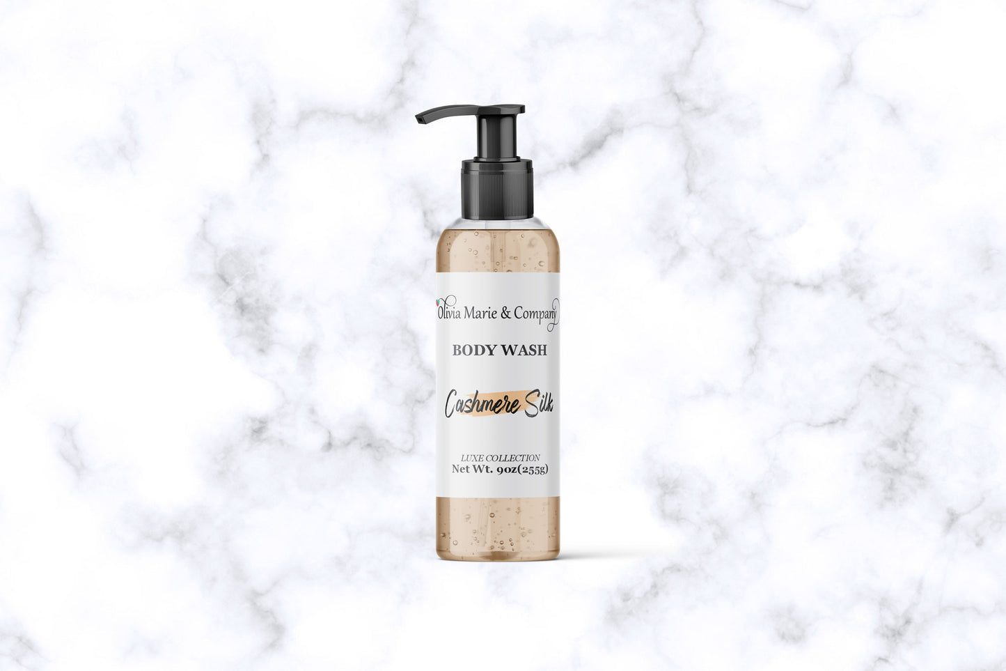 Body wash bottle labeled 'Cashmere Silk' on a marble background