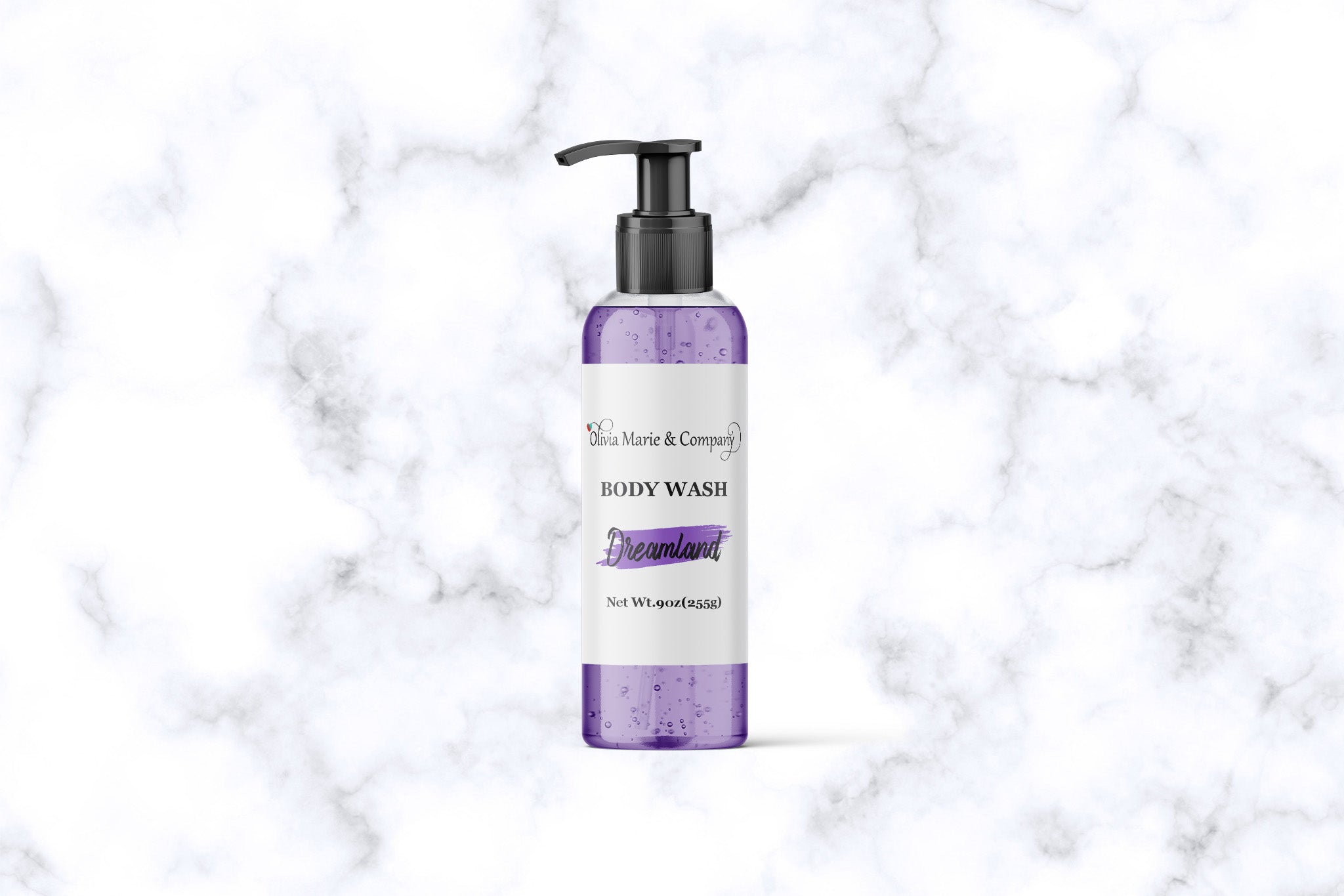 Dreamland body wash with a light purple liquid in a clear bottle