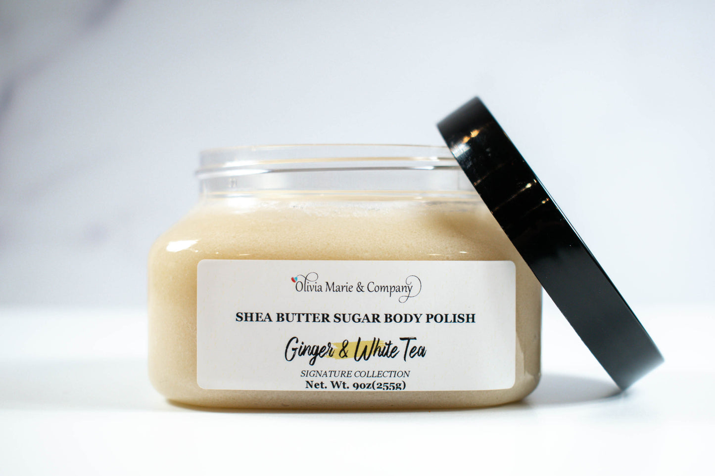 Ginger and White Tea Sugar Scrub with tan color.