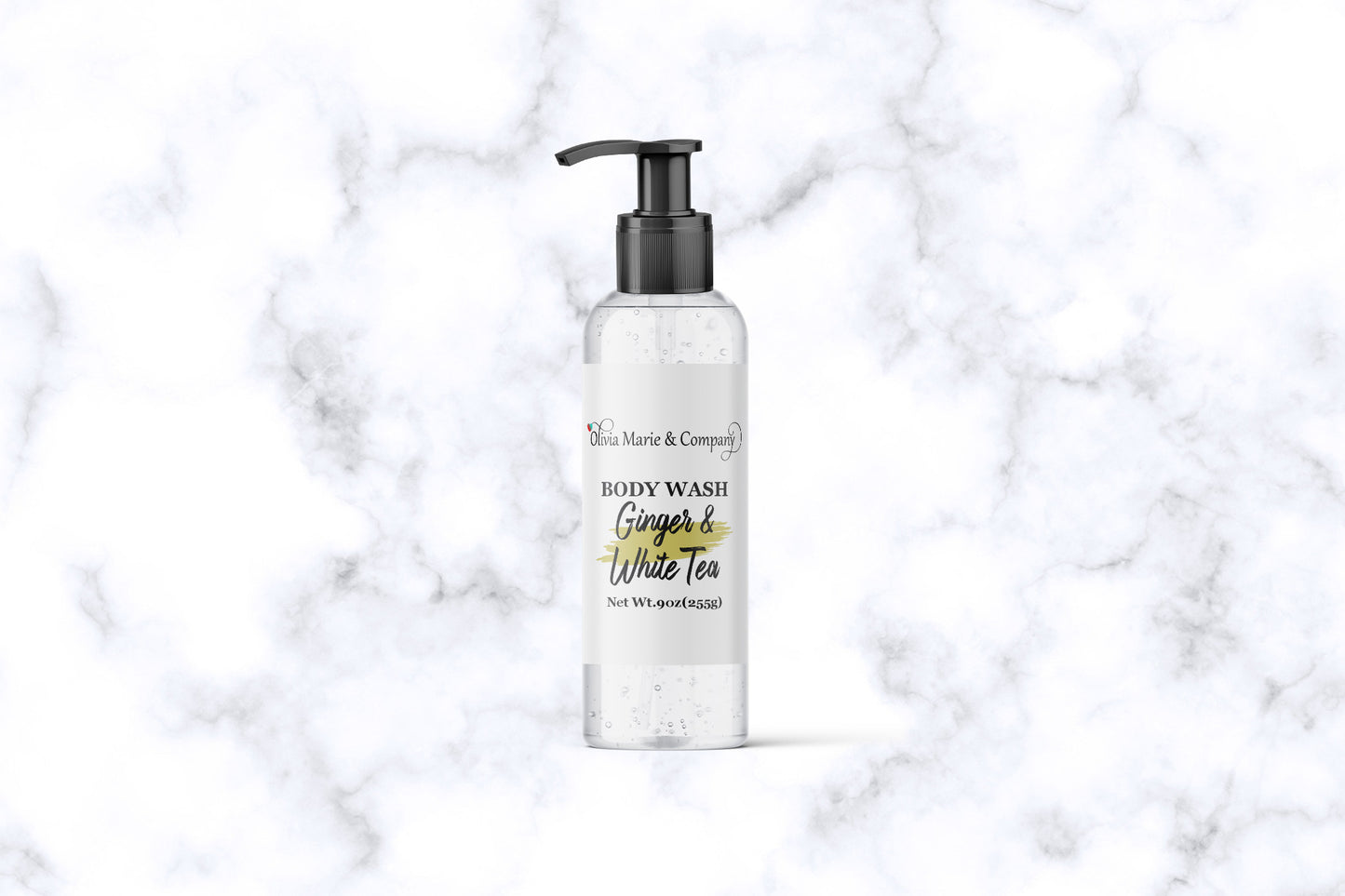 White tea and ginger body wash in a clear bottle with clear liquid