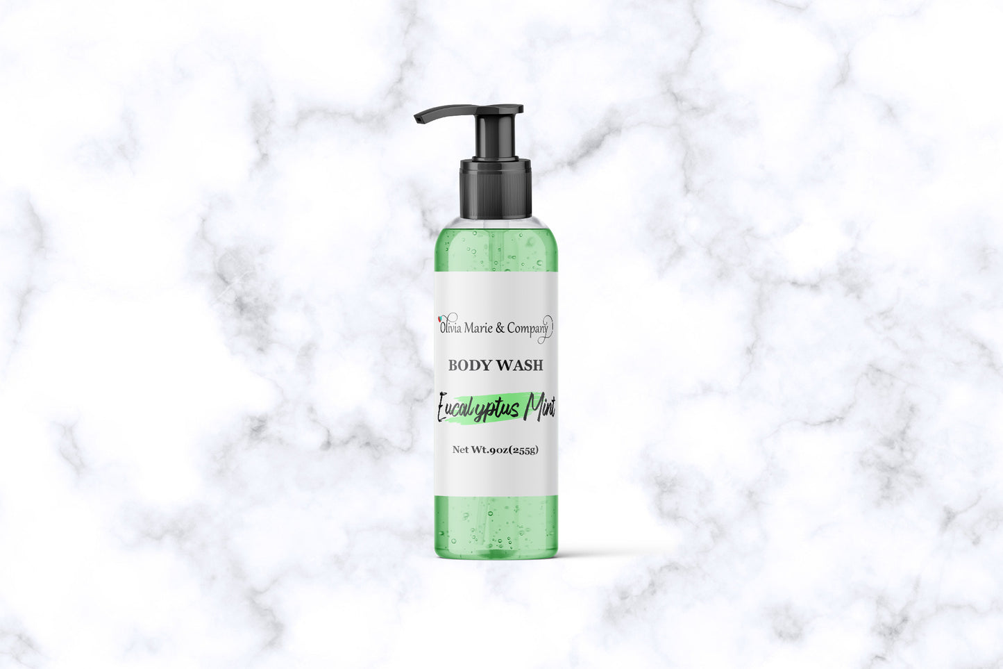 Eucalyptus mint body wash in a clear bottle with a light green liquid