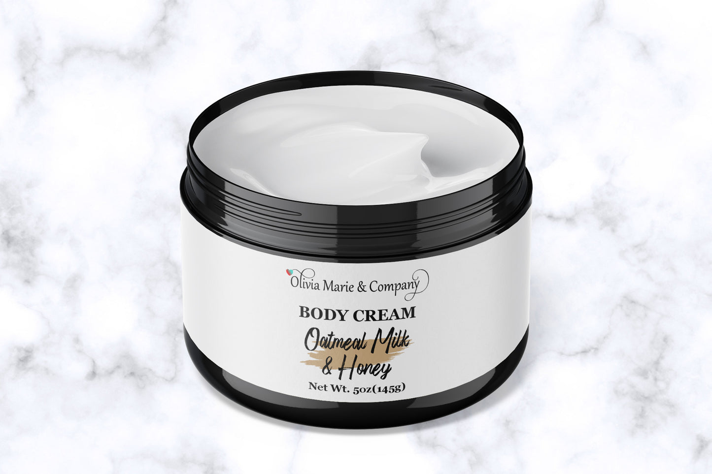 Oatmeal milk and honey body cream in a black jar