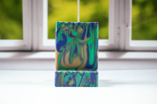 Swirl soap with the colors blue, green, and yellow.