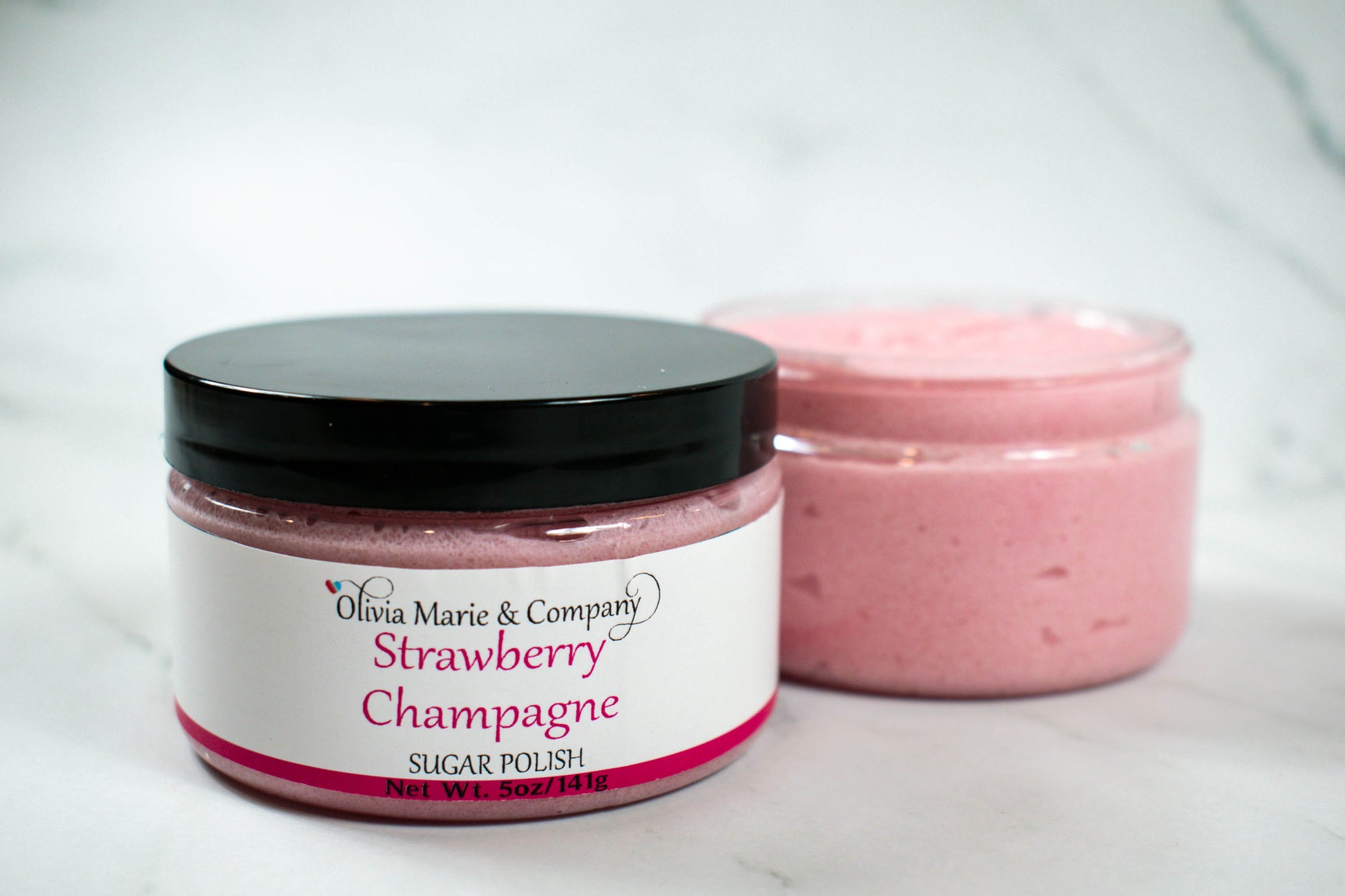 Strawberry champagne scrub is colored in pink.